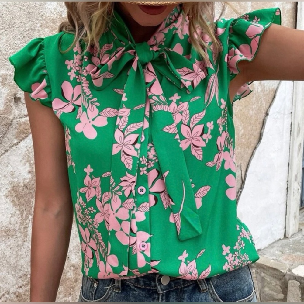 Floral Print Tie Neck Blouse